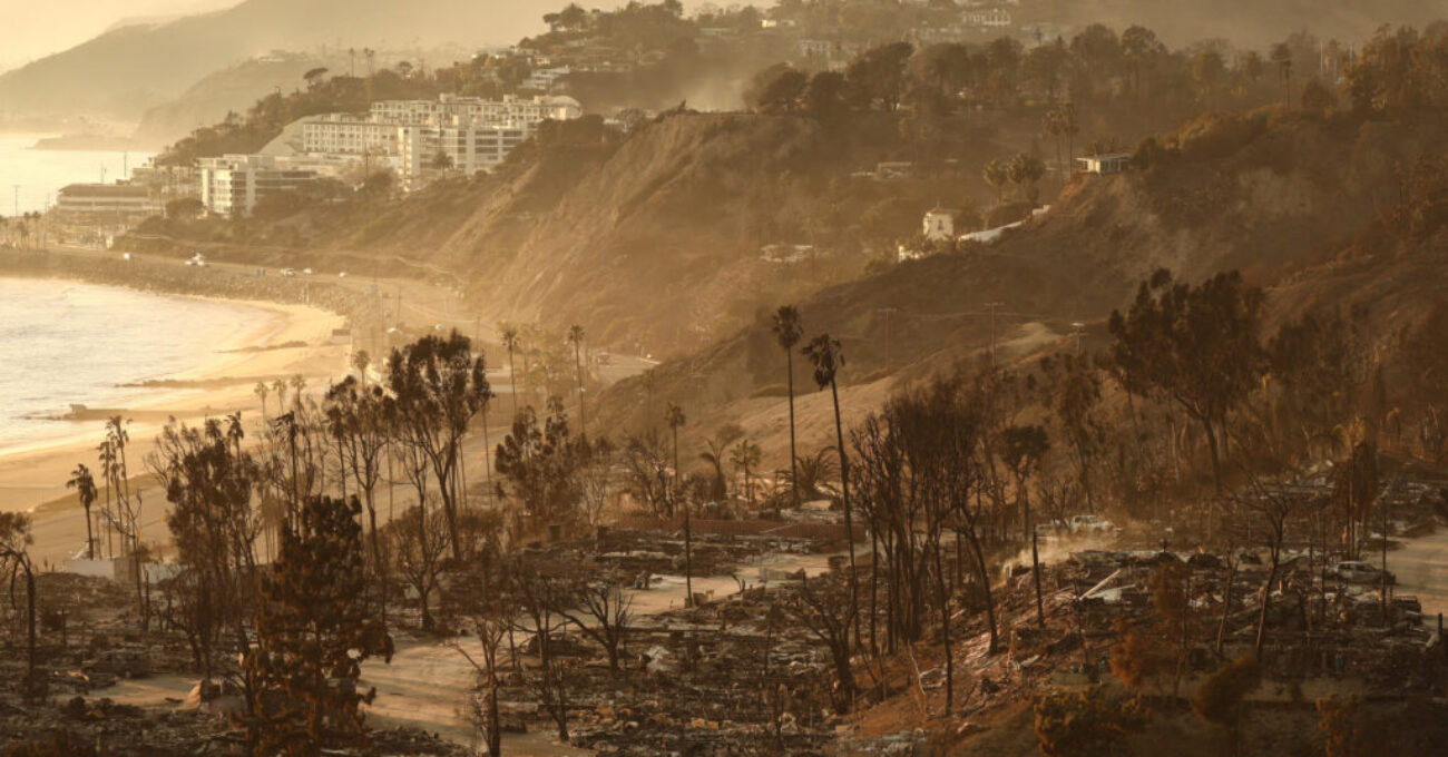 A view of destroyed homes is seen as the Palisades fire continues to burn on January 10 in Pacific Palisades, California. Mario Tama/Getty Images